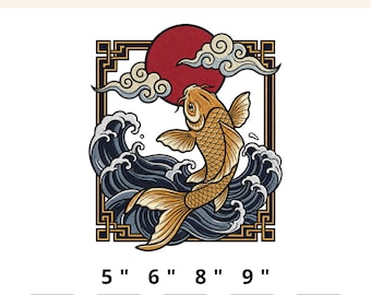 Koi Fish Embroidery Design Japanese Wave Asian Machine Embroidery File Oriental Ocean Japan Art Tattoo Style Decor