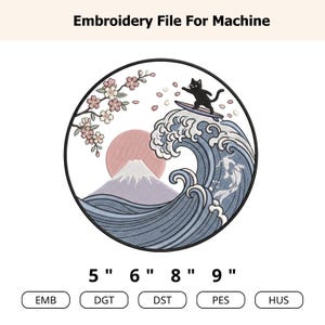 May include: Embroidery file for machine featuring a black cat surfing a wave, with Mount Fuji and cherry blossoms. The design is in a circular frame. Sizes available: 5", 6", 8", and 9".
