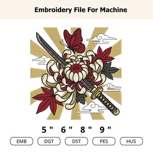 Diseño de bordado de espada samurái japonesa, flor de crisantemo, katana, hojas de arce, mariposa, archivo de bordado a máquina