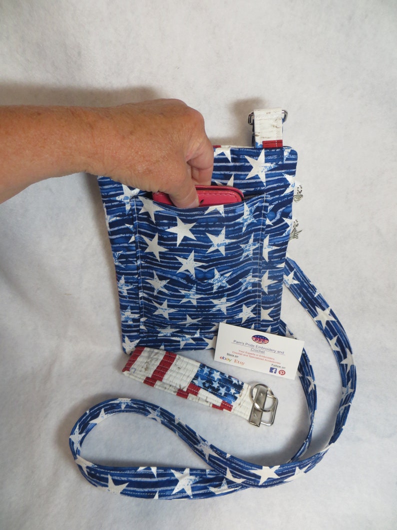 Handcrafted Stars and Stripes Patriotic Theme Fabric Crossbody Bag wadj strap Free US Shipping
