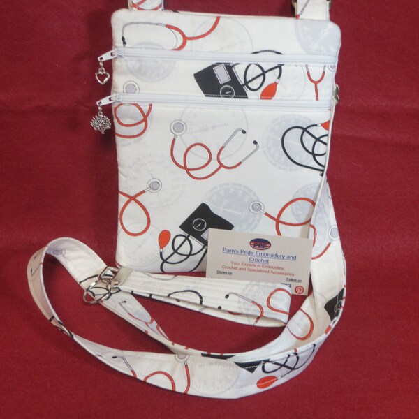 Handcrafted Medical Theme Fabric Crossbody Bag w/adj Strap Free US Shipping