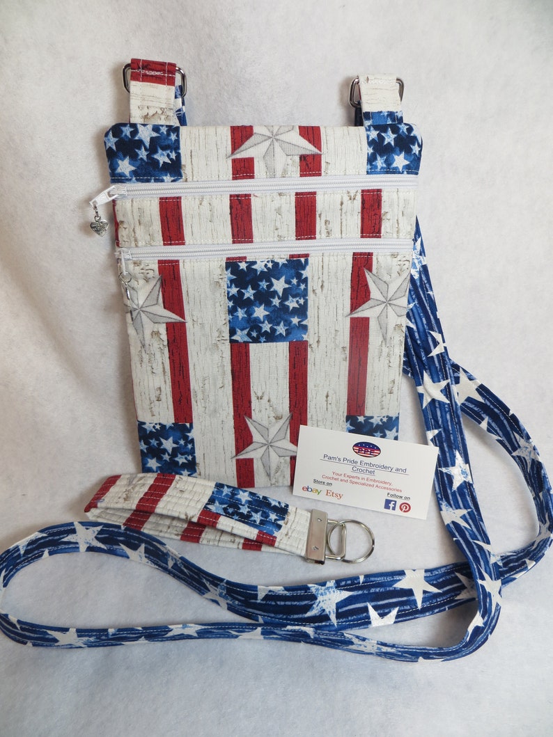Handcrafted Stars and Stripes Patriotic Theme Fabric Crossbody Bag wadj strap Free US Shipping