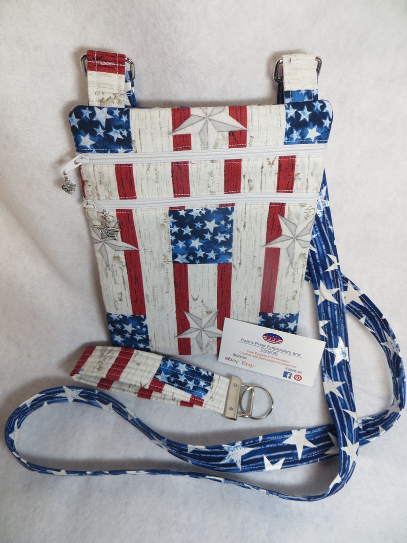 Handcrafted Stars and Stripes Patriotic Theme Fabric Crossbody Bag wadj strap Free US Shipping