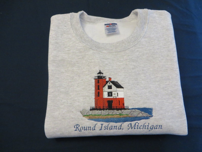 Embroidered Round Island Lighthouse Michigan Sweatshirt Etsy