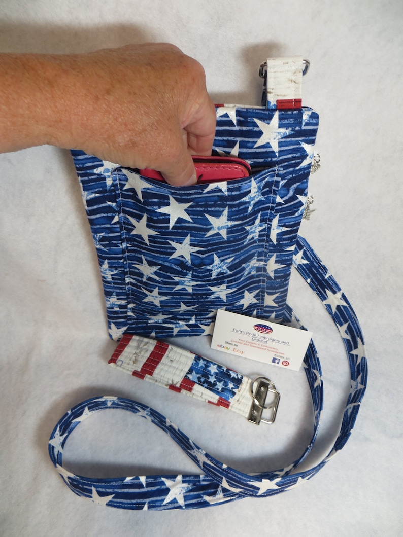 Handcrafted Stars and Stripes Patriotic Theme Fabric Crossbody Bag wadj strap Free US Shipping