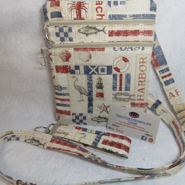 Handcrafted Americana Nautical Theme Fabric Crossbody bag w/adj strap Free US Shipping