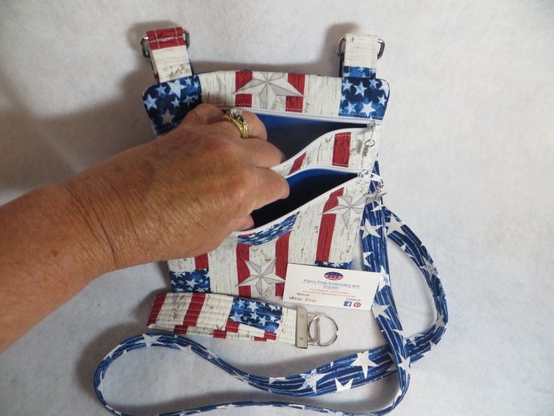 Handcrafted Stars and Stripes Patriotic Theme Fabric Crossbody Bag wadj strap Free US Shipping