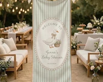 Personalized Goose Baby Shower Banner: Custom Sage Green Cotton Linen Welcome Sign