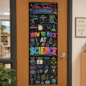 May include: A vertical classroom door sign with a black chalkboard background and colourful science-themed illustrations. It features the text Mrs. Sophia's CLASSROOM, HOW TO ROCK AT SCIENCE, and various educational prompts like BE CURIOUS and ASK QUESTIONS.