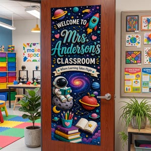 Personalized Space Theme Classroom Door Linen Tapestry Teacher Welcome Sign