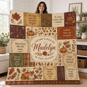 Personalized Quilt Blanket Autumn Patchwork Pumpkins Leaves Religious Quotes
