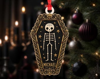 Personalized Gothic Coffin Ornament: Custom Name Skeleton, Green Maroon or Black