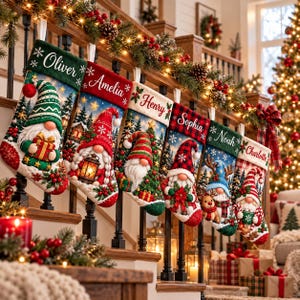 May include: Six Christmas stockings hanging from a wooden staircase railing, each featuring a gnome illustration and a personalised name: Oliver, Amelia, Henry, Sophia, Noah, and Charlotte. The stockings display festive winter scenes with trees.