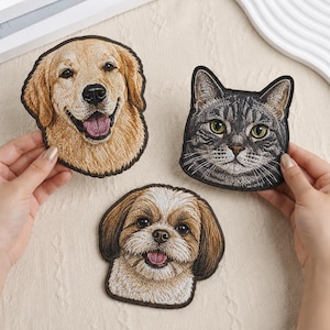 Custom Pet Portrait Embroidered Patch: Dog Cat Photo Iron On Applique, Pet Memorial Badge