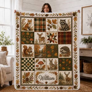 May include: A quilt featuring a patchwork design with forest animals including a fox, raccoon, deer, squirrel, hedgehog, rabbit, and stag. The quilt displays autumn leaves, mushrooms, plaid patterns, and the name William in cursive script.