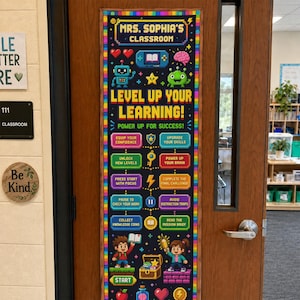 Personalized Classroom Door Linen Tapestry Video Game Pixel Teacher Educational Sign