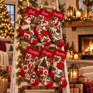 Könnte beinhalten: Sechs Weihnachtsstrümpfe hängen an einer Holzleiter, jeder mit einem einzigartigen Patchwork-Design mit Weihnachtsmotiven wie Weihnachtsmann, Schneemännern, Nussknackern und Weihnachtssternen sowie weiß gestickten Namen auf rotem Bündchen.
