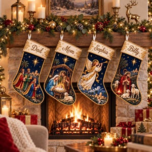 Könnte beinhalten: Vier dunkelblaue Weihnachtsstrümpfe hängen in einer Reihe, jeder mit einem cremefarbenen Umschlag, auf dem ein Name in brauner Schreibschrift steht: Dad, Mom, Sophia und Billy. Die Strümpfe zeigen detaillierte religiöse Szenen wie die Krippe.