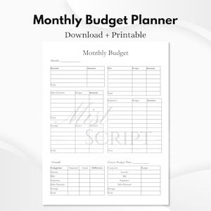 May include: A printable monthly budget planner with sections for income, bills, expenses, and savings. The planner includes a section for overall categories and a future budget plan. The text "Monthly Budget Planner" is at the top.