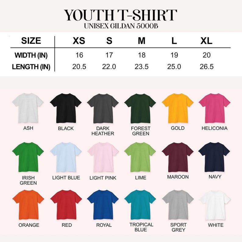 May include: A chart displaying a variety of youth t-shirt colors and sizes. The shirts are available in sizes XS to XL, with width measurements from 16 to 20 inches and lengths from 20.5 to 26.5 inches. Colors include Ash, Black, Dark Heather, Forest Green, Gold, and more.