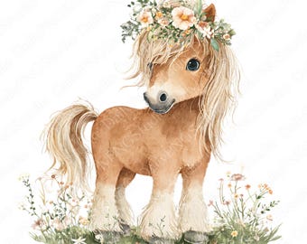 Pacchetto di clipart di pony con corona di fiori / 30 PNG Pony ad acquerello PNG, grazioso pony cucciolo con corona di fiori, illustrazione di cavallo, uso commerciale