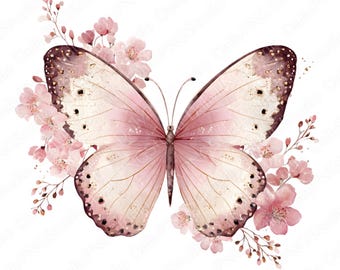 Roze vlinderclipart | 20 png-bundel, vlinder aquarel png, bloemen vlinder clipart, stoffige roze vlinder, commercieel gebruik