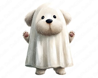 Ghost Dog-clipartbundel | 16 png-aquarel spookhond png, schattige halloween puppy clipart, griezelige hond illustratie, commercieel gebruik