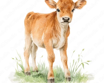 Babyjersey koe clipartbundel | 26 png-aquarel koe png, schattige kalf clipart, boerderijdieren illustratie, commercieel gebruik