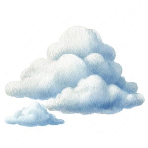 Op de afbeelding: Een aquarelillustratie van pluizige wolken met zachte witte en lichtblauwe tinten. Het kunstwerk toont een grote, afgeronde wolkenformatie die over een kleinere, afzonderlijke wolk is geplaatst, met zichtbare verftextuur.