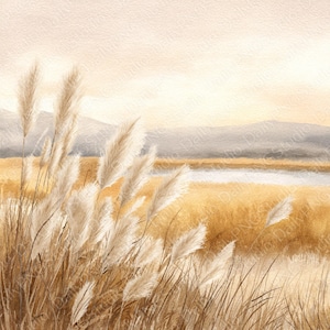 Pode incluir: Uma pintura em aguarela que retrata uma paisagem com erva-das-pampas alta e plumosa em primeiro plano, em tons de bege e creme. Atrás da erva, um campo dourado estende-se em direção a um corpo de água azul-claro calmo e colinas distantes.