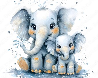 Pacchetto di clipart Mamma Elefante e Cucciolo / 16 PNG Elefante ad acquerello PNG, Simpatica mamma elefante con cucciolo, Illustrazione per la cameretta, Uso commerciale