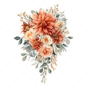 Terrakottabukett Clipart-paket | 20 PNG Akvarell Terrakotta Blombukett, Varm Höstblomma Clipart, Botanisk PNG, Kommersiellt Bruk