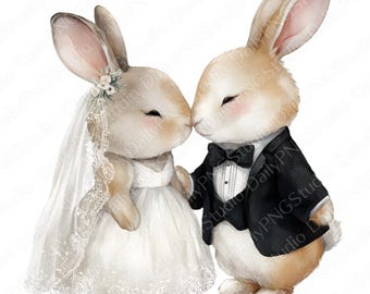 Pacchetto di clipart di coniglietti da matrimonio classici / 20 PNG Coniglietti sposi ad acquerello PNG, Simpatiche clipart di coniglietti da matrimonio, Uso commerciale