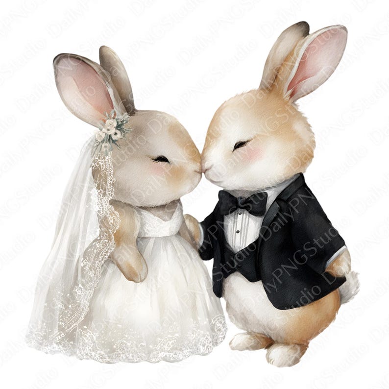 May include: Two light brown rabbits standing face to face. The rabbit on the left wears a white lace wedding dress and a matching veil with small flowers. The rabbit on the right wears a black tuxedo jacket with a white shirt and a black bow tie.