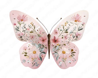 Roze wilde bloemen vlinder clipartbundel | 20 png-aquarel vlinder png, bloemen vlinder clipart, commercieel gebruik