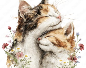 Pacchetto di clipart di gatta mamma e gattini / 20 PNG Gatto ad acquerello PNG, Simpatica gatta mamma con gattini, Illustrazione per la cameretta, Uso commerciale