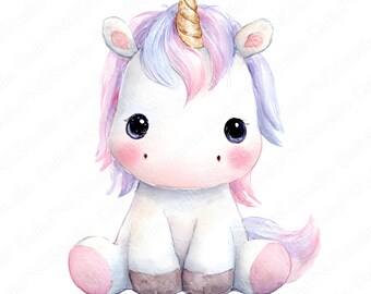 Pacchetto di clipart di unicorni / 22 unicorni PNG ad acquerello, clipart di unicorni cuccioli carini, illustrazioni fantasy magiche, uso commerciale