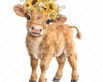 Sunflower Cow Clipart Bundle | 30 PNG Watercolor Cow PNG, Cute Baby Cow with Sunflower, Farm Animal Illustration, Commercial Use