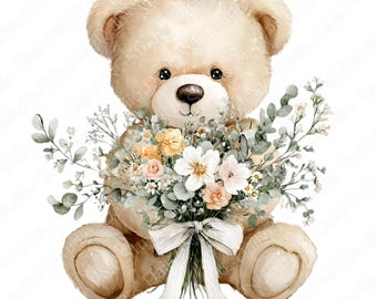 Pacchetto di clipart di orsetti di peluche con bouquet / 13 PNG Orsetti di peluche ad acquerello PNG, Orsetto carino che tiene fiori, Illustrazione per la cameretta, Uso commerciale