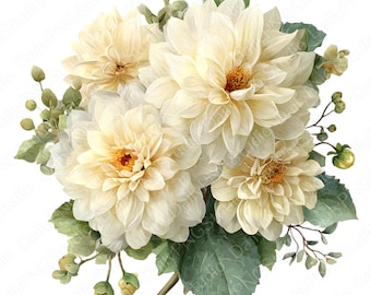 Ivoren dahlia-clipartbundel | 20 png-aquarel dahlia png, crème bloemen clipart, elegante bloem illustratie, commercieel gebruik