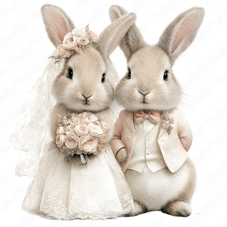 May include: An illustration of two anthropomorphic rabbits dressed for a wedding. The rabbit on the left wears a white wedding dress, veil, and floral headpiece, holding a bouquet. The rabbit on the right wears a pink suit with a bow tie and boutonniere. The background is white.