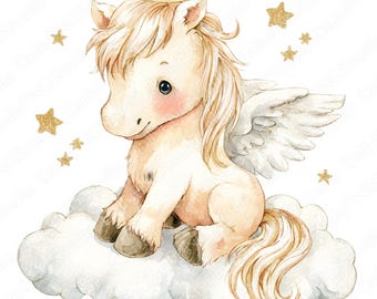 Pacchetto di clipart di pony angelo / 15 PNG di pony ad acquerello, clipart di pony angelo carino, illustrazione di cavallo celeste, uso commerciale