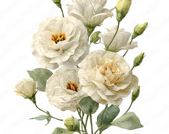 Pacchetto di clipart di lisianthus avorio / 20 PNG Lisianthus ad acquerello PNG, clipart floreali color crema, illustrazione floreale elegante, uso commerciale
