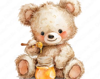 Pacchetto di clipart di orsetti di miele / 17 PNG Orsetti di peluche ad acquerello PNG, Orsetto carino con vasetto di miele, Illustrazione per la cameretta, Uso commerciale