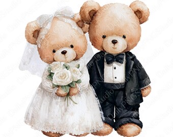 Pacchetto di clipart di orsetti da matrimonio classici / 20 PNG di orsetti di peluche sposi ad acquerello, clipart romantiche per matrimoni, uso commerciale