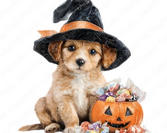 Halloween-hond clipartbundel | 20 png-aquarelhond png, schattige halloween puppy-clipart, puppy met heksenhoed, commercieel gebruik