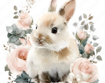Rozenhaas clipartbundel | 15 png-aquarel konijntje png, schattige bloemen konijn clipart, commercieel gebruik