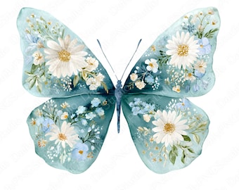 Blauwe wilde bloemenvlinder clipartbundel | 20 png-aquarel vlinder png, bloemen vlinder clipart, commercieel gebruik