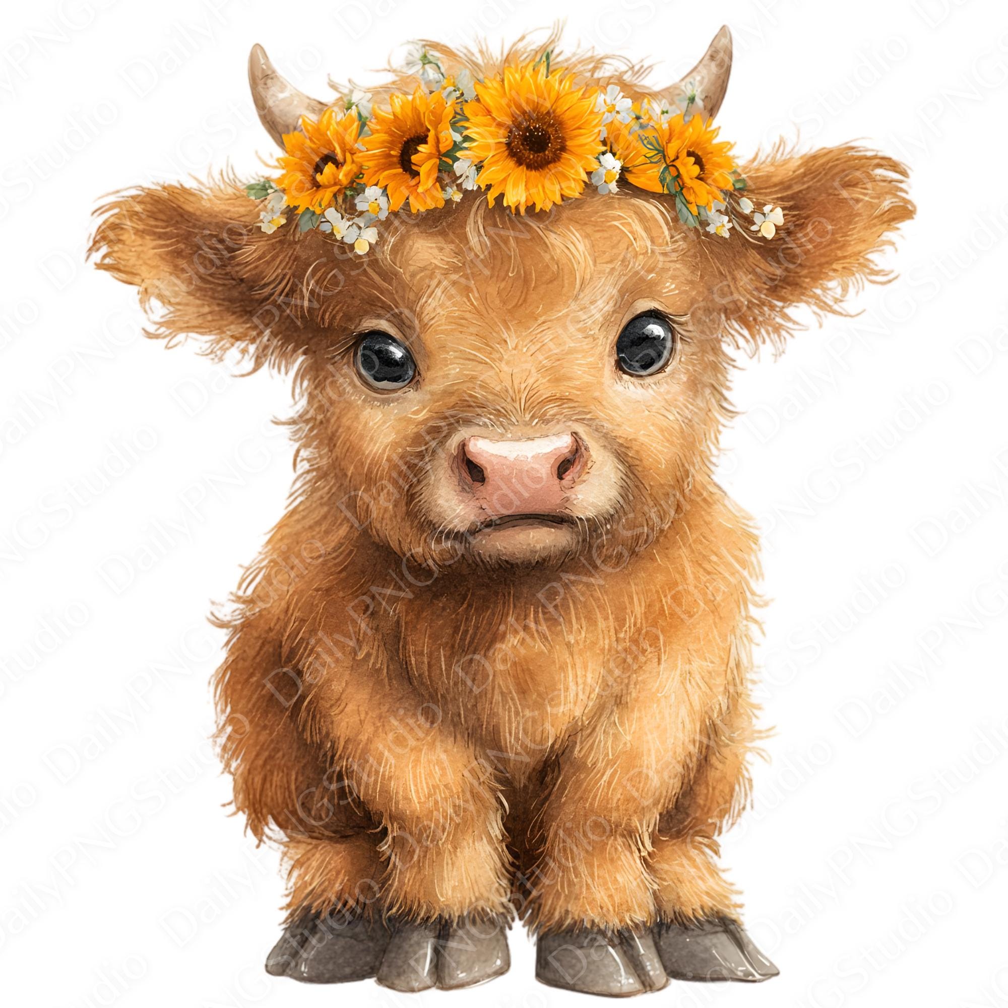 Sunflower Highland Cow Clipart Set | 16 PNG Bundle, Cute Baby Highland ...