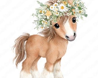 Bloemkroon pony clipartbundel | 30 png-waterverfpony png, schattige babypony met bloemenkroon, paardillustratie, commercieel gebruik